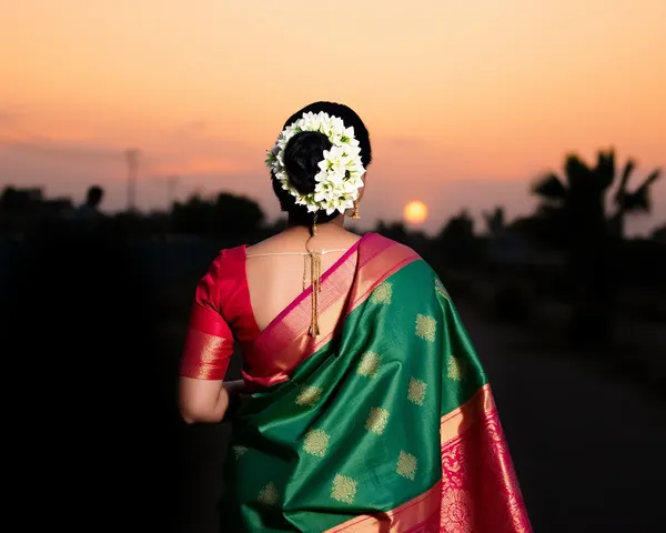 Romantic Sunset Wedding Scene with Sambalpuri Saree Border