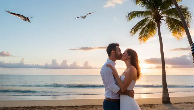 Romantic Sunset on Beach with Girl and Boy in Love
