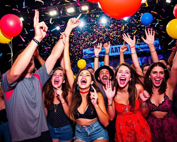 Rowdy Friends Cheer at Music Festival with Confetti and Balloons