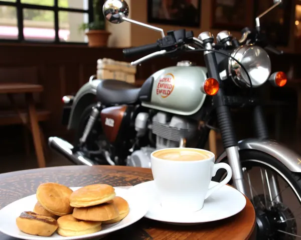 Royal Enfield Bike in Cozy Café with Coffee and Pastries