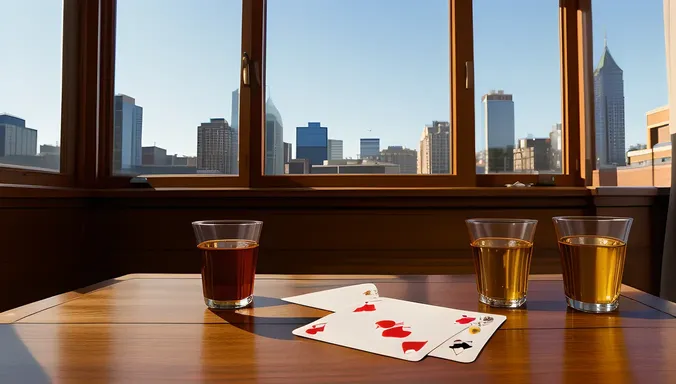 Rummy Deck Fanned Out on Wooden Table with City View