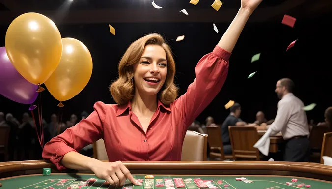 Rummy Player Celebrates Winning Hand with Confetti and Balloons