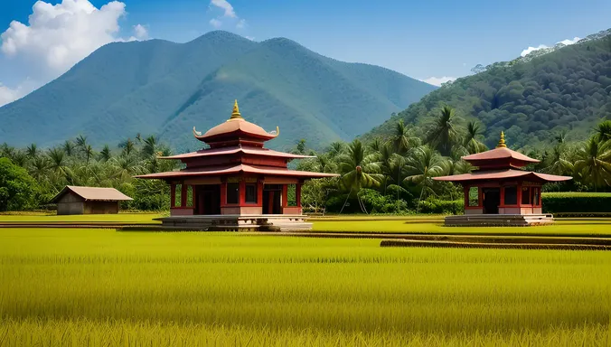 Rural Indian Village Scene with Kanakadasa Temple and Paddy Fields