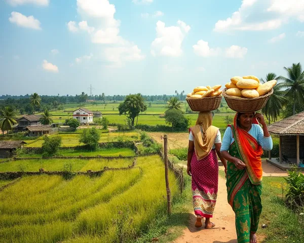 Rural Indian Village with Women Carrying Aata Bread