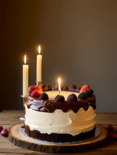 Rustic Black Forest Cake with Fresh Flowers and Candles