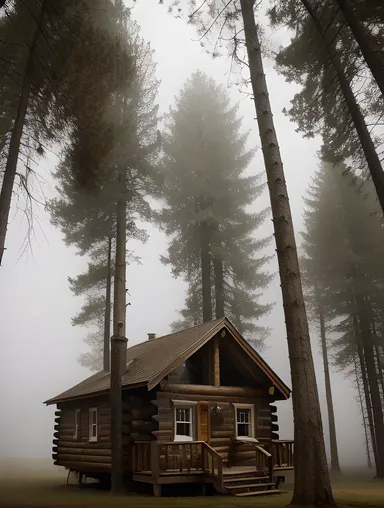 Rustic Cabin Bava Forest Misty Fog Black White