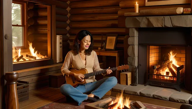 Rustic Cabin Santoor Player with Cozy Atmosphere