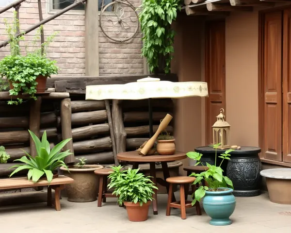 Rustic Charpai Outdoor Setting with Potted Plants and Lantern