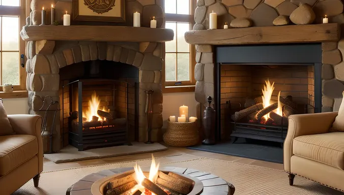 Rustic Cottage with Family Crest Stone Carving Fireplace
