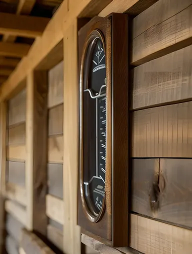 Rustic Hygrometer on Wooden Beam in Barn