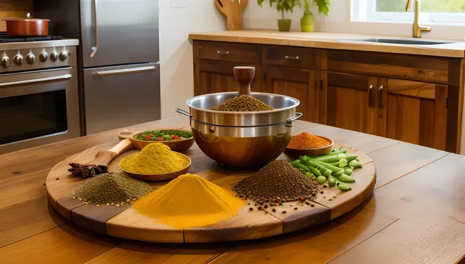 Rustic Indian Kitchen with Wooden Pestle and Mortar