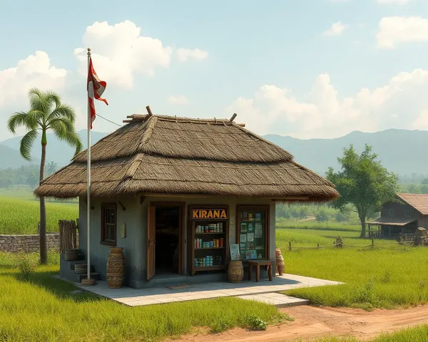 Rustic Kirana Store in Rural Indian Village with Lush Fields.