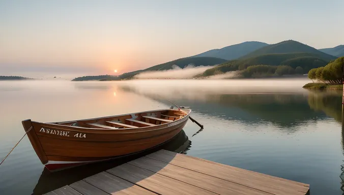 Rustic Plywood Boat Docked at Serene Lake Shore