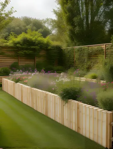 Rustic Plywood Fence Surrounds Lush Garden