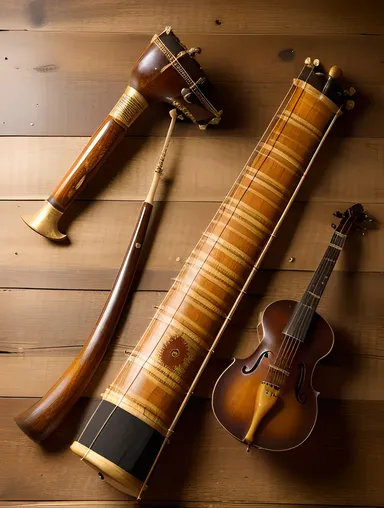 Rustic Sarangi Instrument with Traditional Accessories