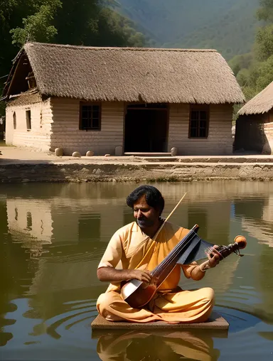 Rustic Village Setting: Sarangi Player in Serene Landscape
