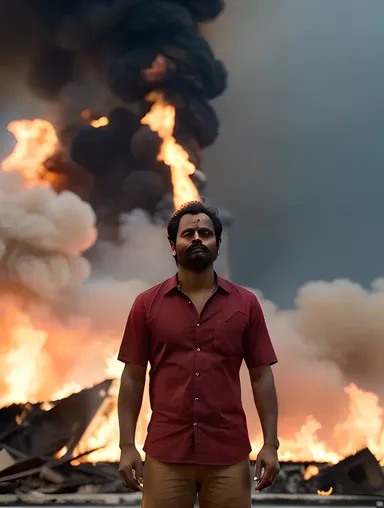 Sadashiva Confronts Burning Cityscape Destruction