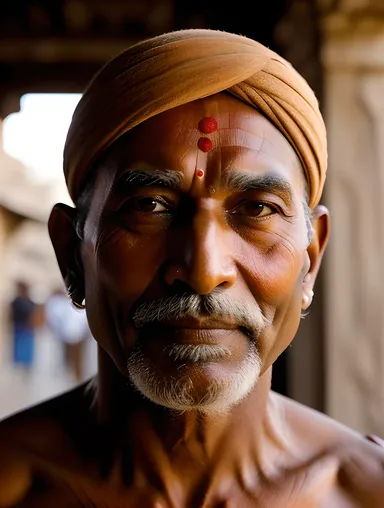 Sadhu's Serene Face Amidst Indian Architecture