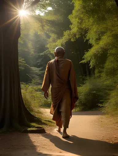 Sadhu's Spiritual Journey Through Dappled Forest Wallpaper HD