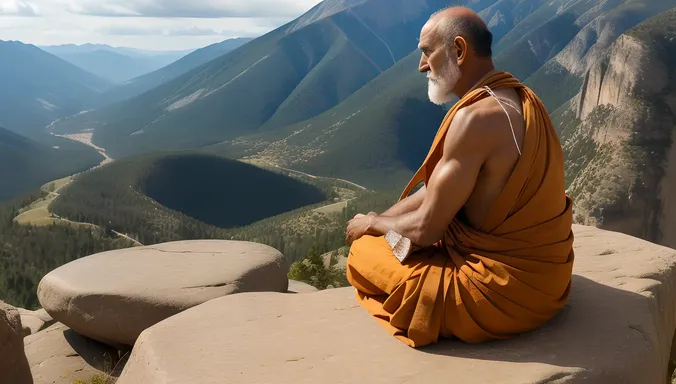 Sadhu Contemplates Vast Landscape with Sense of Awe and Inner Peace