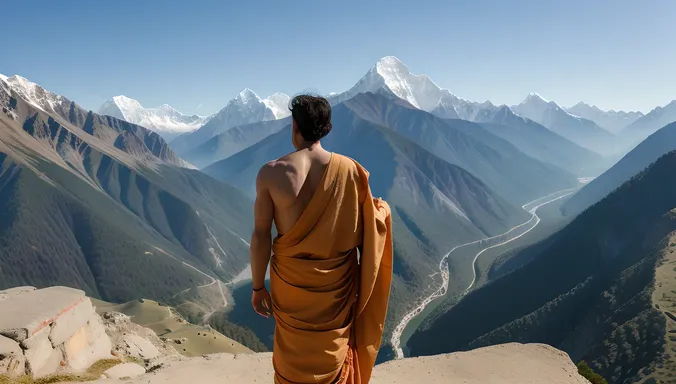Sadhu Gazes Out at Himalayan View with Serene Expression