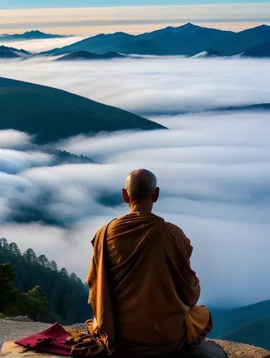 Sadhu Meditates on Misty Mountain Peak