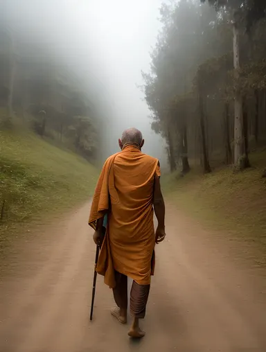Sadhu Walking Through Mysterious Forest with Staff