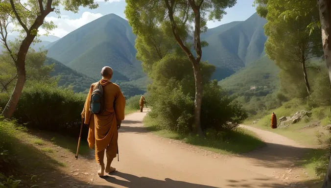 Sadhu Walks Mountain Path with Pack and Staff, Surrounded by Nature