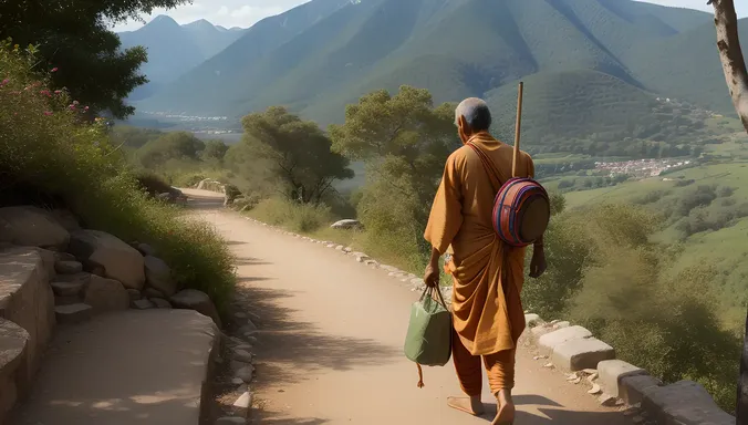 Sadhu Walks Mountain Path with Staff and Belongings