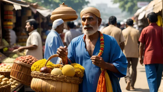 Sadhu Walks Through Bustling Indian Market, Carrying Offerings
