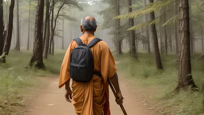 Sadhu Walks Through Dense Forest with Staff and Backpack