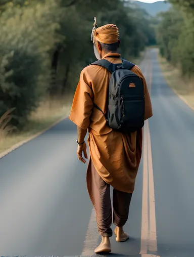 Sadhu Walks Winding Road with Backpack Adventure