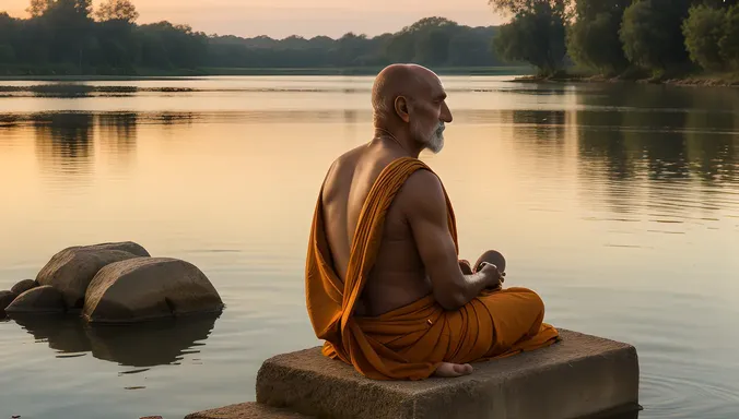 Sadhu Watches Sunset on Riverbank with Inner Peace