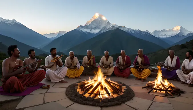 Sadhus Gather Around Bonfire, Singing Devotional Songs