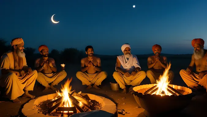 Sadhus Gather Around Campfire, Sharing Laughter and Stories