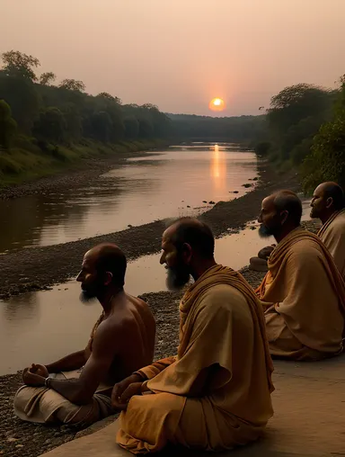 Sadhus Meditate by River at Sunset