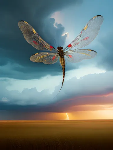 Saitan Rides Dragonfly Through Stormy Sky