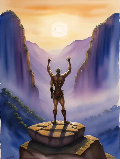 Saitan Standing on Rocky Outcropping with Glowing Eyes