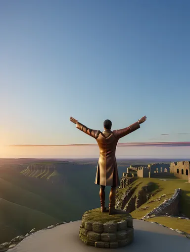 Saitan Standing on Ruined Castle with Outstretched Arms