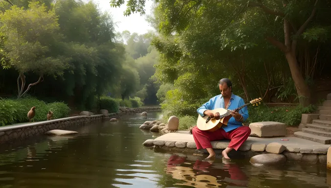 Santoor Music in Serene Outdoor Setting with Nature Sounds