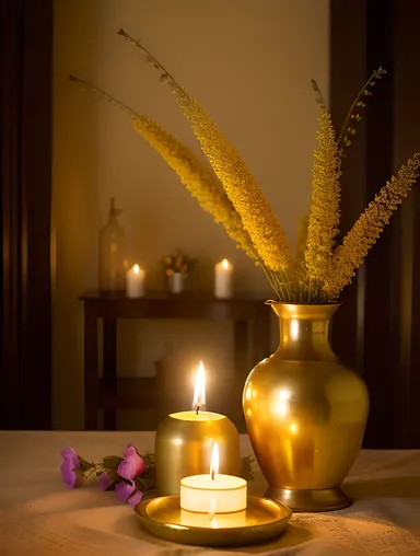 Santoor Surrounded by Flowers and Candles