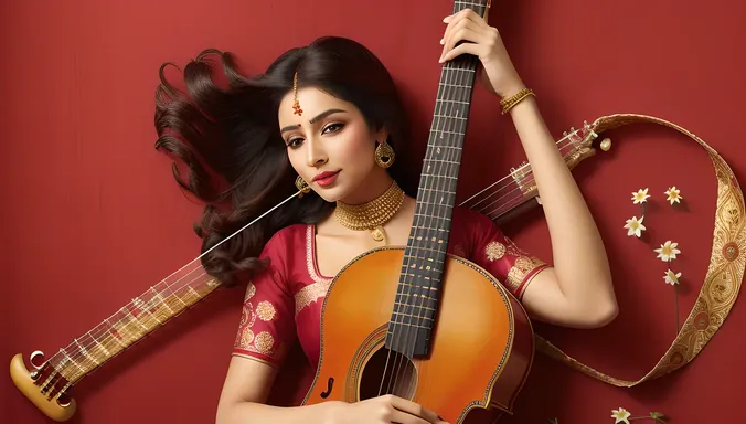 Sarangi with Ribbon and Musical Notes
