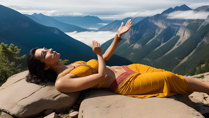 Saraswati's Hand Reaches for Veena on Misty Mountain Rock