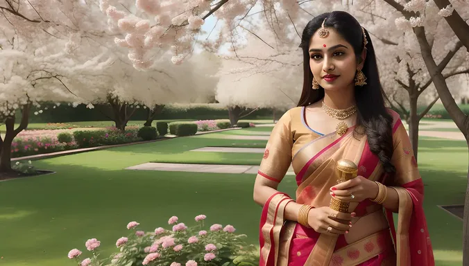 Saraswati Plays Veena in Beautiful Garden with Birds and Flowers