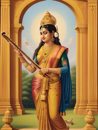 Saraswati Plays Veena in Grand Temple with Hindu Gods