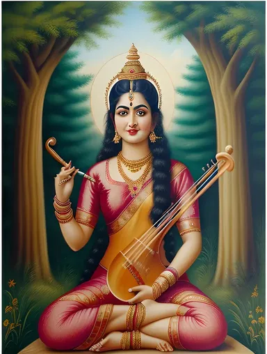Saraswati Plays Veena in Whimsical Forest Scene