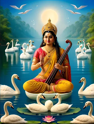 Saraswati Plays Veena on Lotus Flower Amidst Creatures