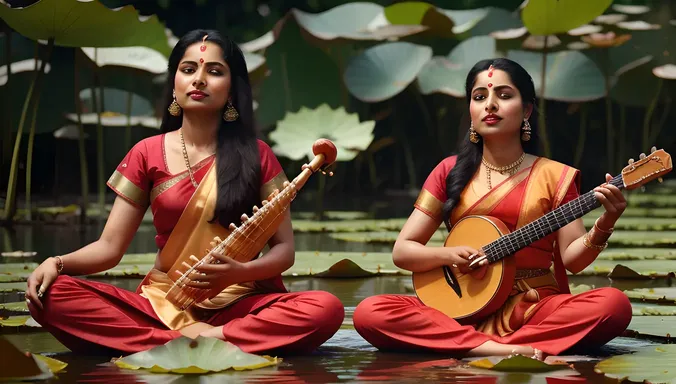 Saraswati Plays Veena on Lotus Flower with Serene Expression