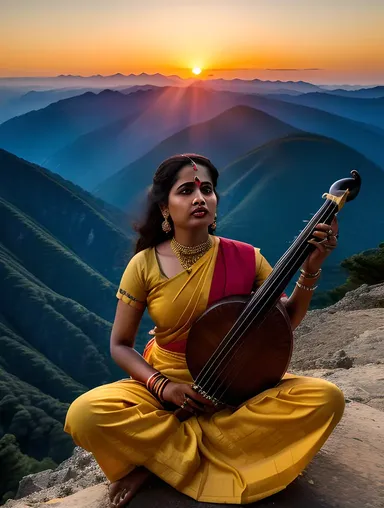 Saraswati Plays Veena on Mountain Peak at Sunset