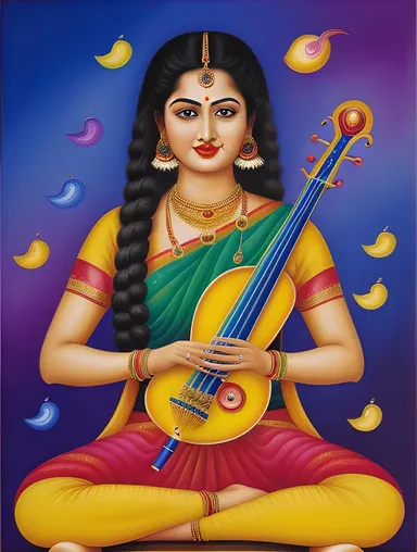 Saraswati Plays Veena on Rainbow with Swirling Colors